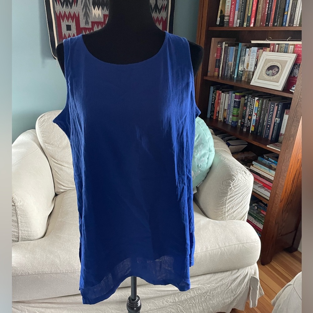 Chico’s Gauze asymmetrical longer tank top in seafaring blue sz 12 NWT